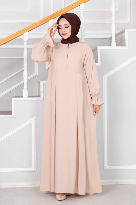 Yarım Fermuarlı Tesettür Elbise Taş