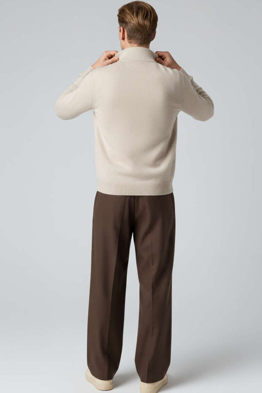 Yarım Fermuarlı Triko Erkek Kazak Bej