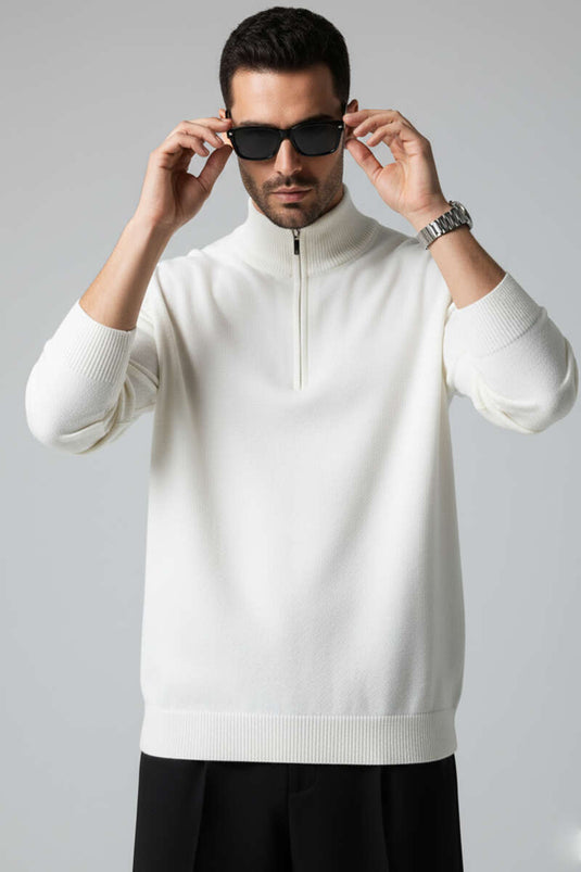 Yarım Fermuarlı Triko Erkek Kazak Ekru