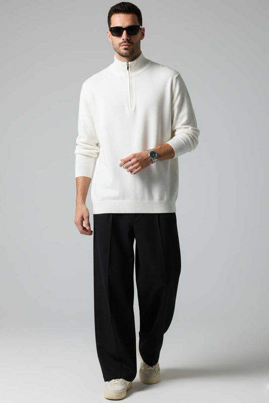 Yarım Fermuarlı Triko Erkek Kazak Ekru