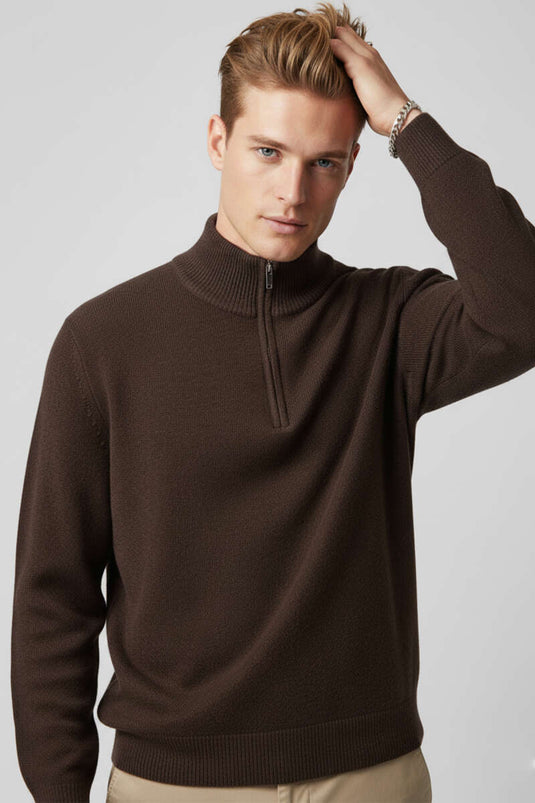 Men's Half-Zip Knitted Sweater, Brown