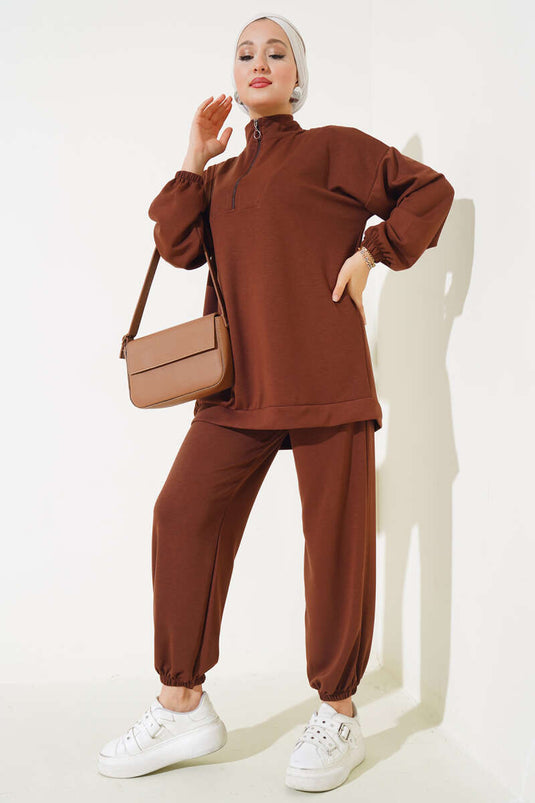 Loyşa Half-Zip Two-Piece Set Coffee