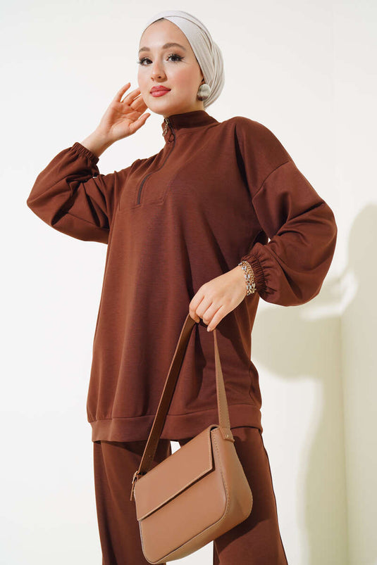 Loyşa Half-Zip Two-Piece Set Coffee