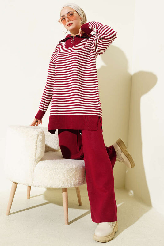 Half Zippered Horizontal Striped Knitwear Two Piece Suit Burgundy