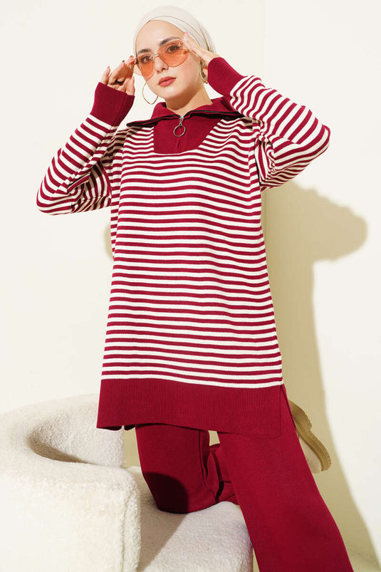 Half Zippered Horizontal Striped Knitwear Two Piece Suit Burgundy