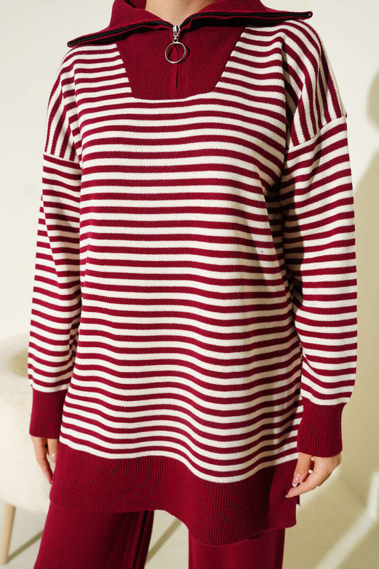 Half Zippered Horizontal Striped Knitwear Two Piece Suit Burgundy