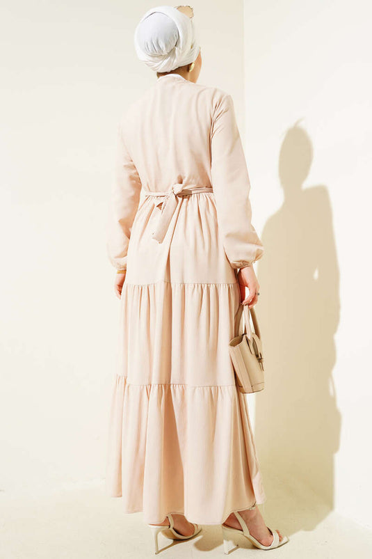 Half Hidden Button Belted Dress Beige