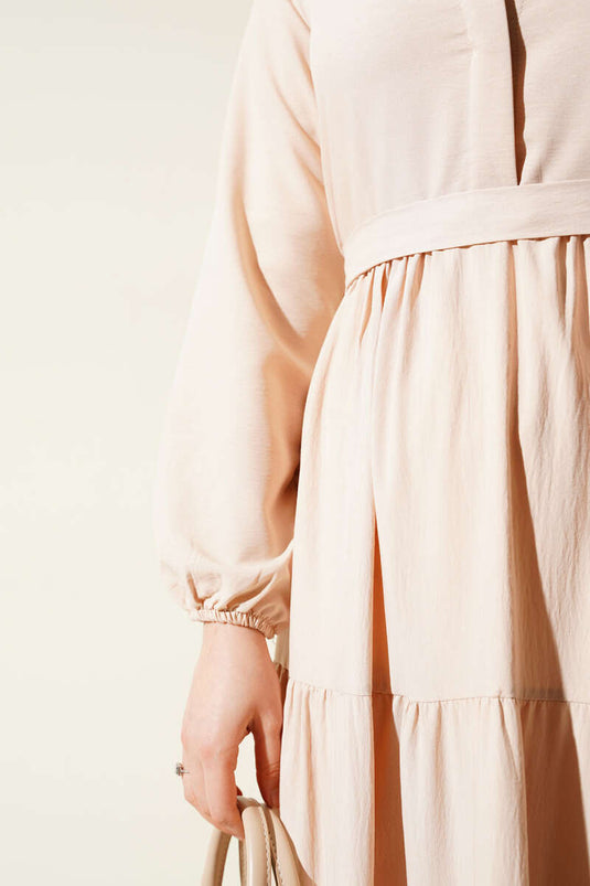 Half Hidden Button Belted Dress Beige