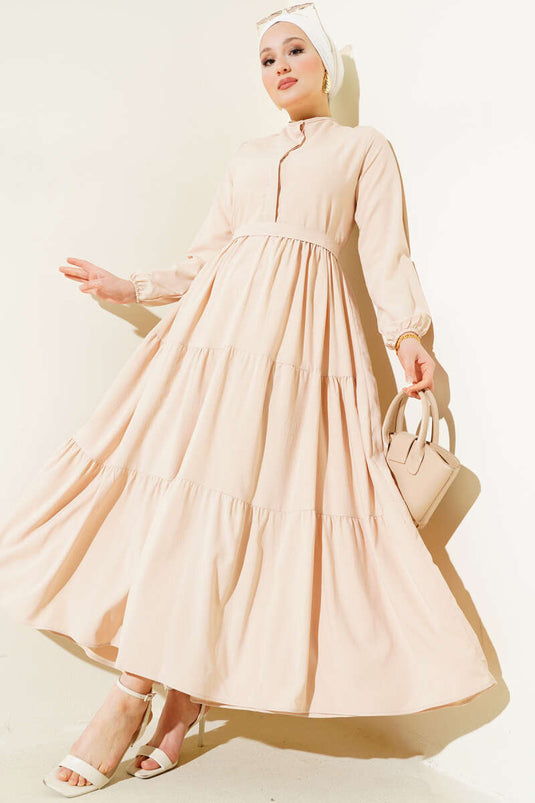 Half Hidden Button Belted Dress Beige