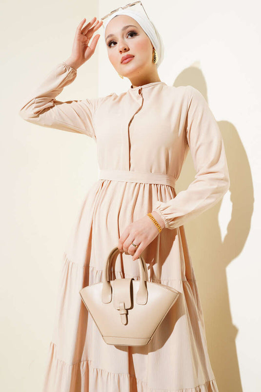 Half Hidden Button Belted Dress Beige
