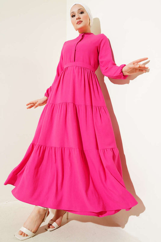 Yarım Gizli Düğmeli Kuşaklı Elbise Fuşya