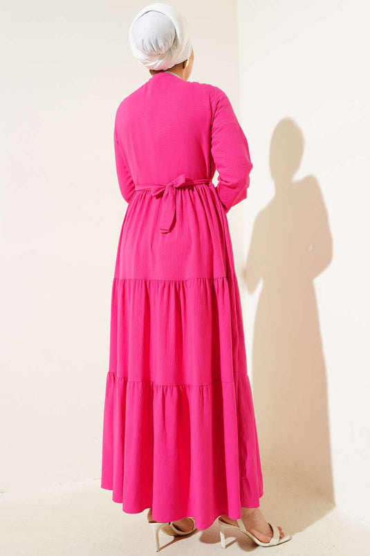 Yarım Gizli Düğmeli Kuşaklı Elbise Fuşya