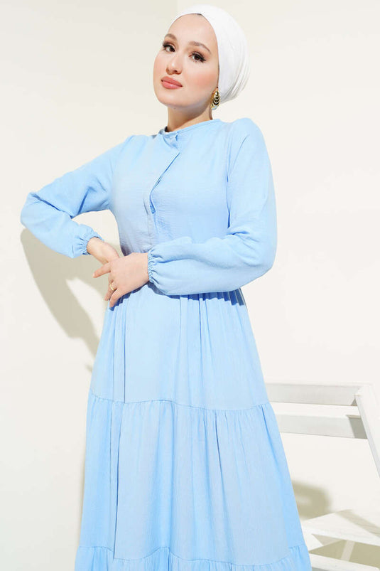 Half Hidden Button Belted Dress Blue