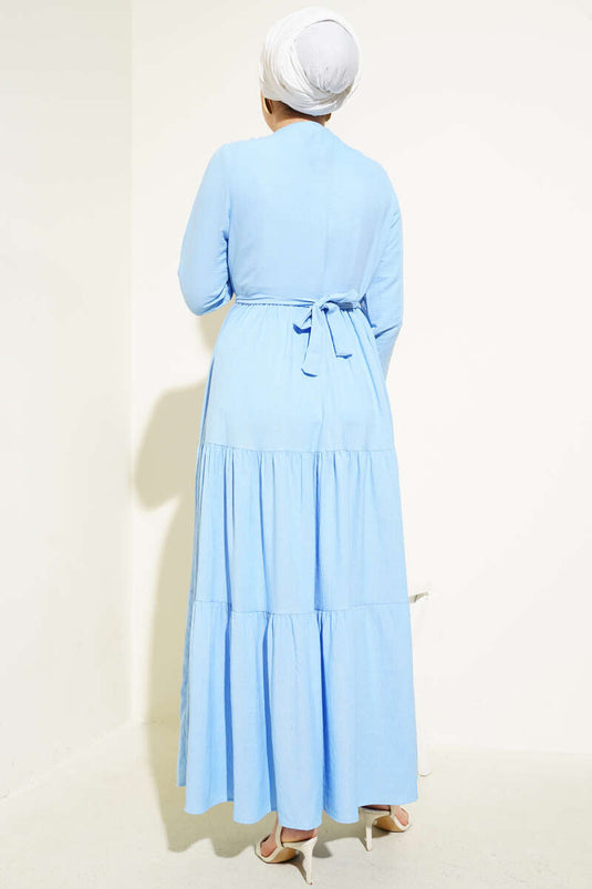 Half Hidden Button Belted Dress Blue