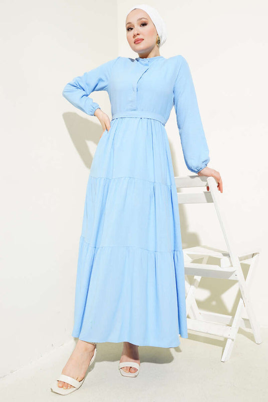 Yarım Gizli Düğmeli Kuşaklı Elbise Mavi