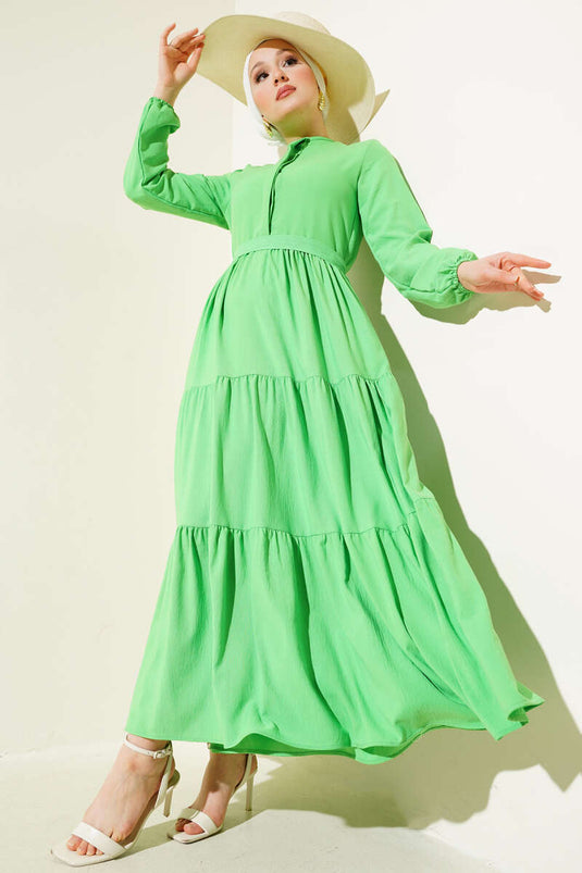 Half Hidden Button Belted Dress Neon Green