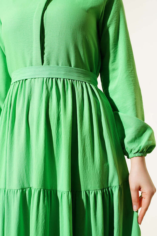 Half Hidden Button Belted Dress Neon Green
