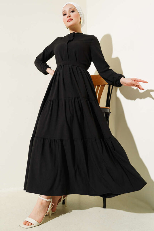 Half Hidden Button Belted Dress Black