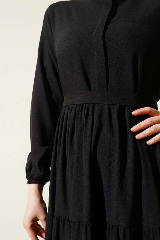 Half Hidden Button Belted Dress Black