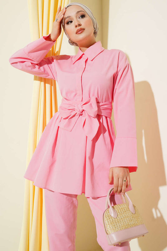 Half Hidden Buttoned Belted Two-Piece Set Pink