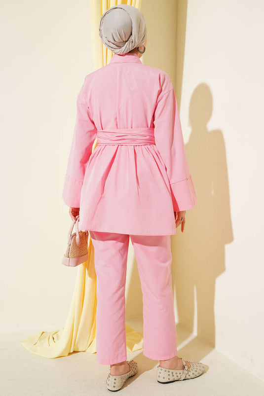 Half Hidden Buttoned Belted Two-Piece Set Pink