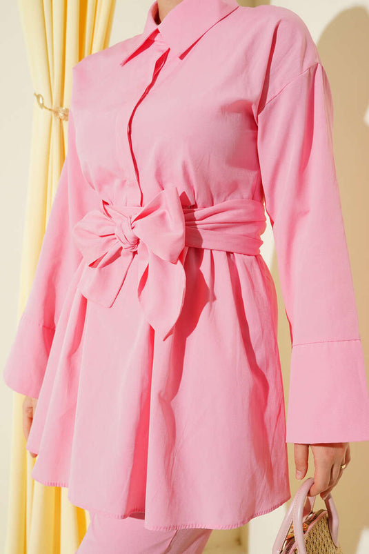 Half Hidden Buttoned Belted Two-Piece Set Pink