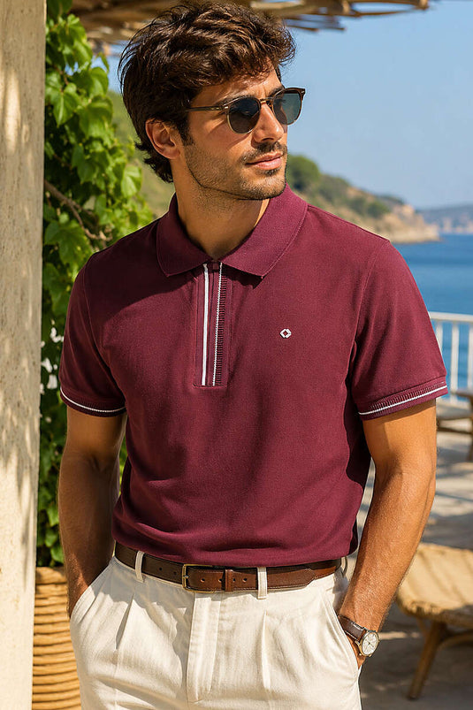 Yarım Gizli Fermuarlı Erkek T-shirt Bordo