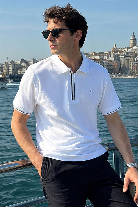 Yarım Gizli Fermuarlı Erkek T-shirt Ekru
