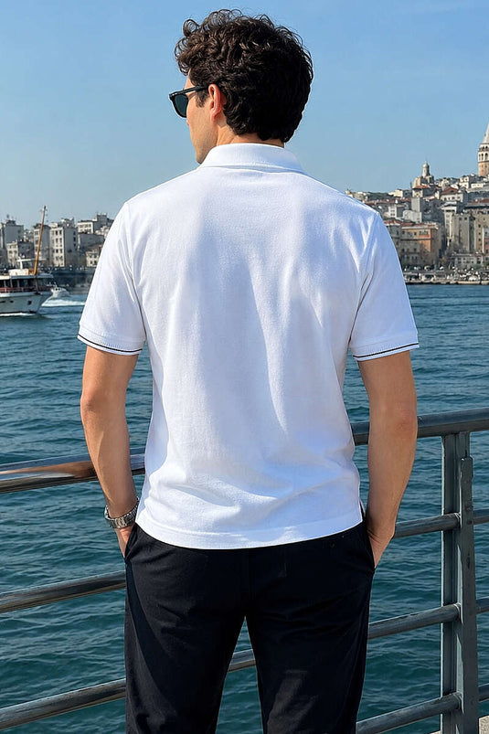 Yarım Gizli Fermuarlı Erkek T-shirt Ekru
