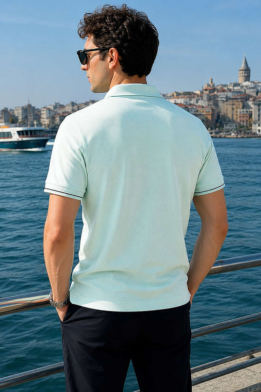 Yarım Gizli Fermuarlı Erkek T-shirt Su Yeşili