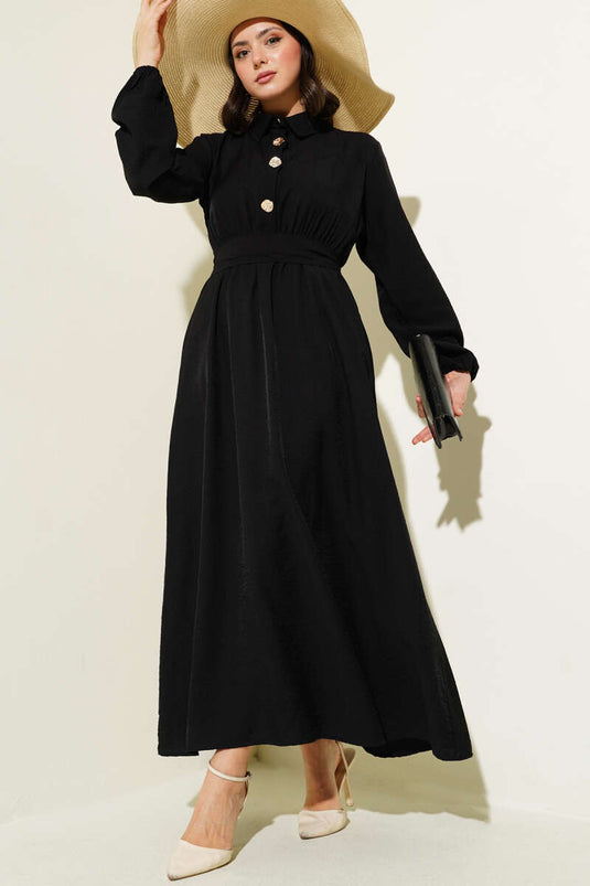 Half Gold Button Belted Dress Black
