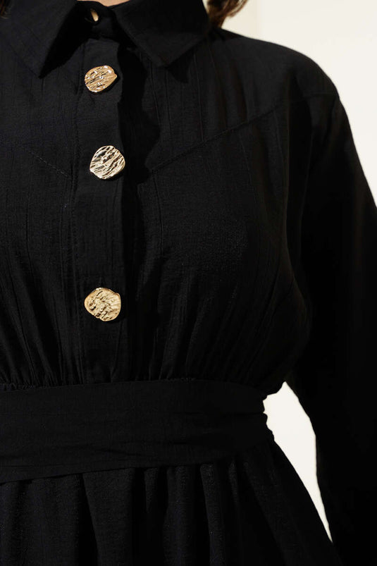 Half Gold Button Belted Dress Black