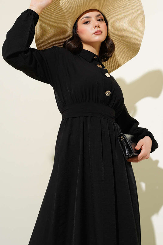 Yarım Gold Düğmeli Kuşaklı Elbise Siyah