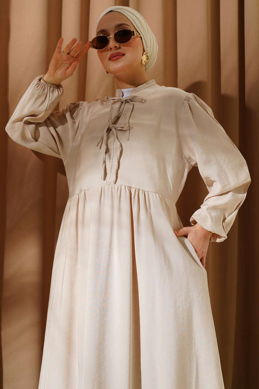 Yarım İp Bağcıklı Tensel Elbise Bej