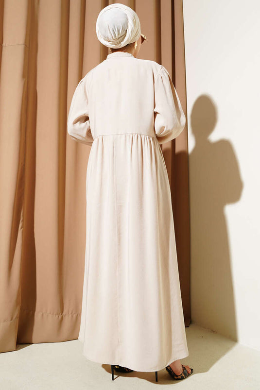 Yarım İp Bağcıklı Tensel Elbise Bej