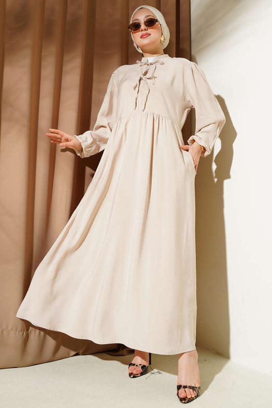Yarım İp Bağcıklı Tensel Elbise Bej