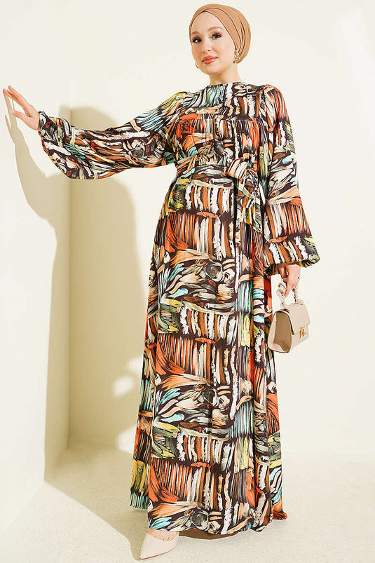 Half Patroon Jurk In Koffie Kleur