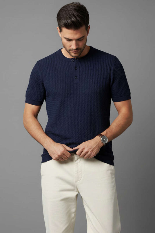 Maglietta Uomo in Maglia con Spacco Laterale Blu Scuro
