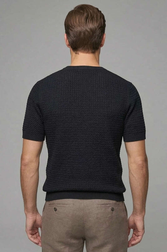 Halbgeknöpftes Herren-Strick-T-Shirt Schwarz