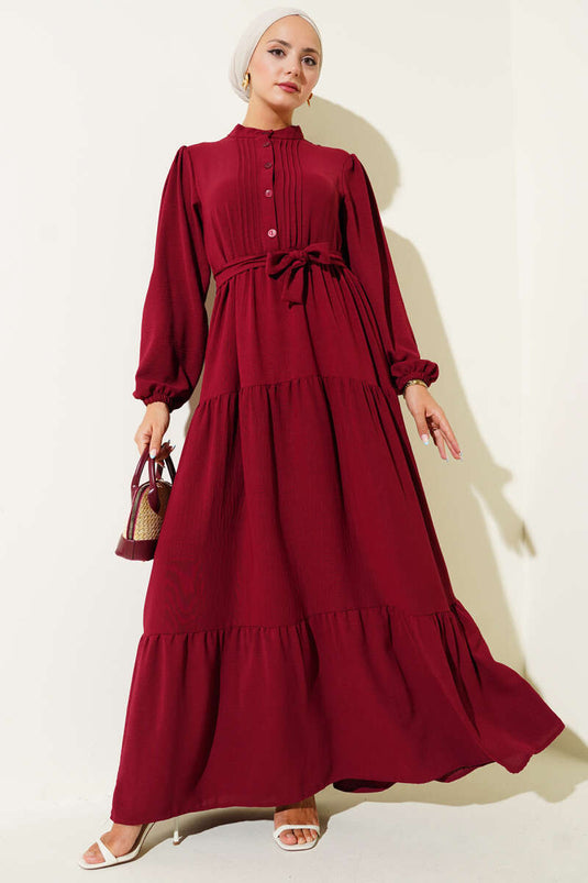 Half-Pleated Button-Down Dress, Burgundy
