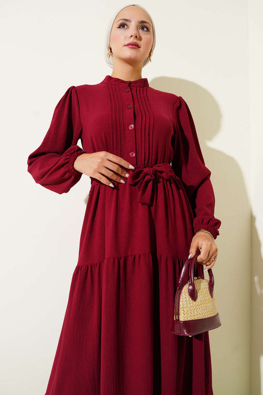 Halbplissiertes Knopfleistenkleid, Burgunderrot