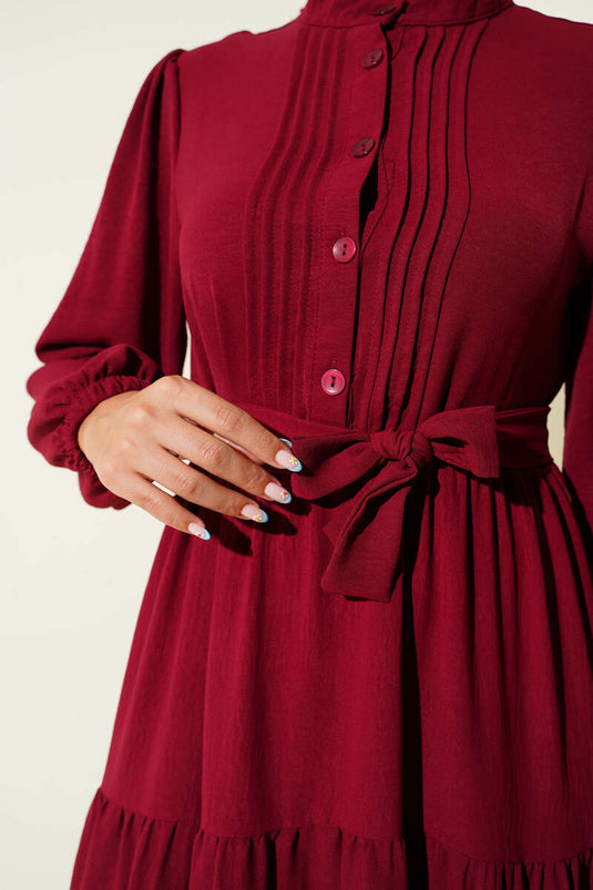 Half-Pleated Button-Down Dress, Burgundy