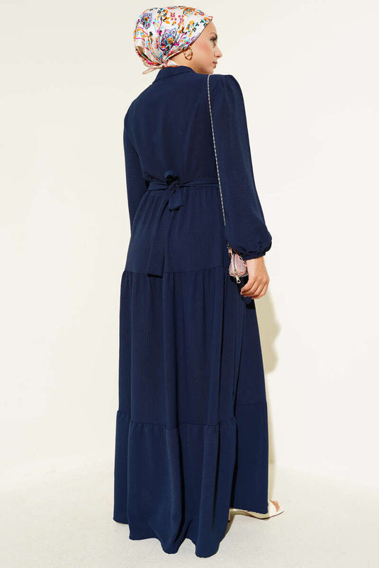 Robe boutonnée à demi-plis bleu marine