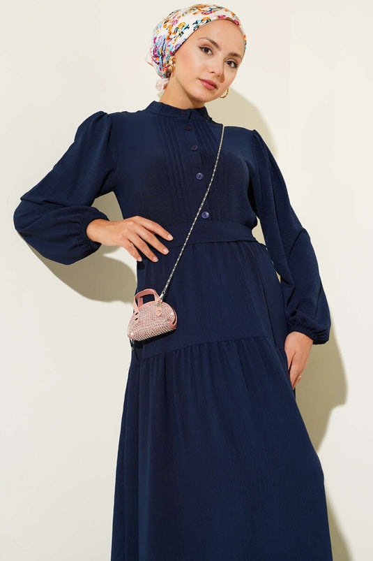 Robe boutonnée à demi-plis bleu marine