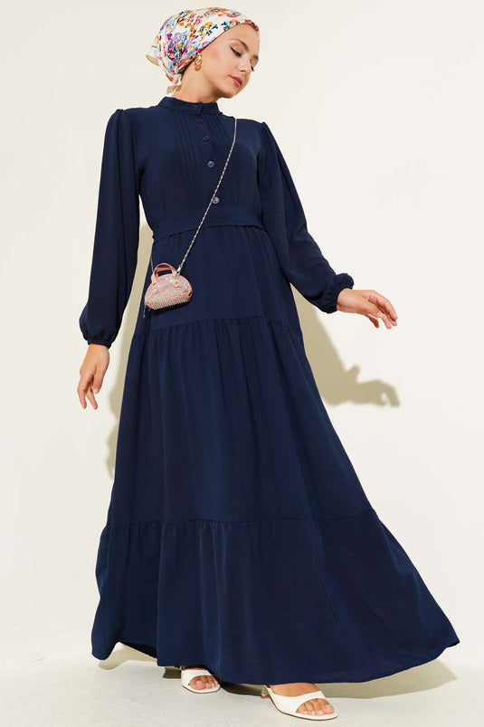 Robe boutonnée à demi-plis bleu marine