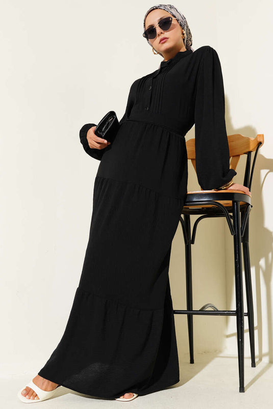 Yarım Piliseli Düğmeli Elbise Siyah