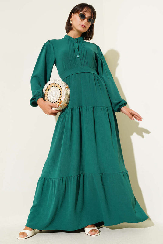 Yarım Piliseli Düğmeli Elbise Zümrüt
