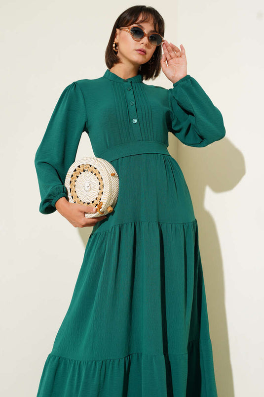 Yarım Piliseli Düğmeli Elbise Zümrüt