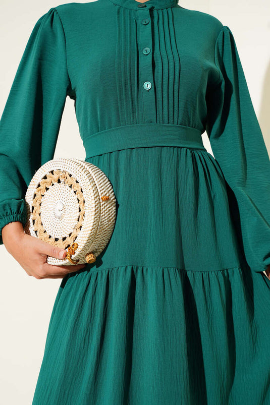 Yarım Piliseli Düğmeli Elbise Zümrüt