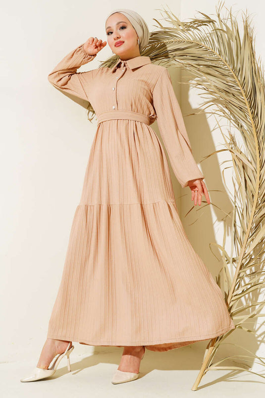 Half Stone Buttoned Dress Beige
